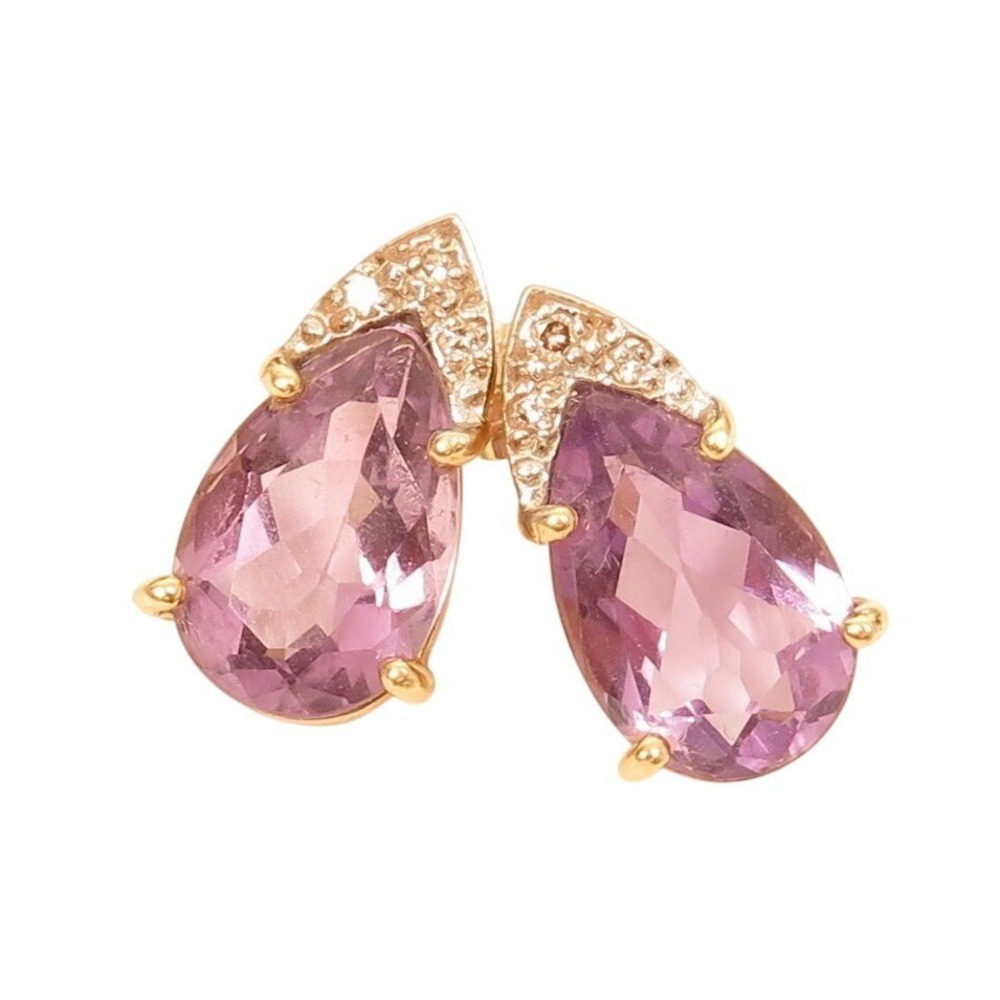 Vintage Pear Shaped Purple Amethyst Diamond‎ 14K Solid Yellow Gold Stud Earrings